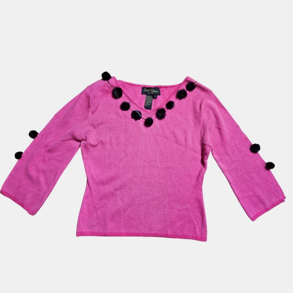 Christine Phillipe V-Neck Faux Fur Pom Pom Accent Sweater L Cotton Rayon Whimsy